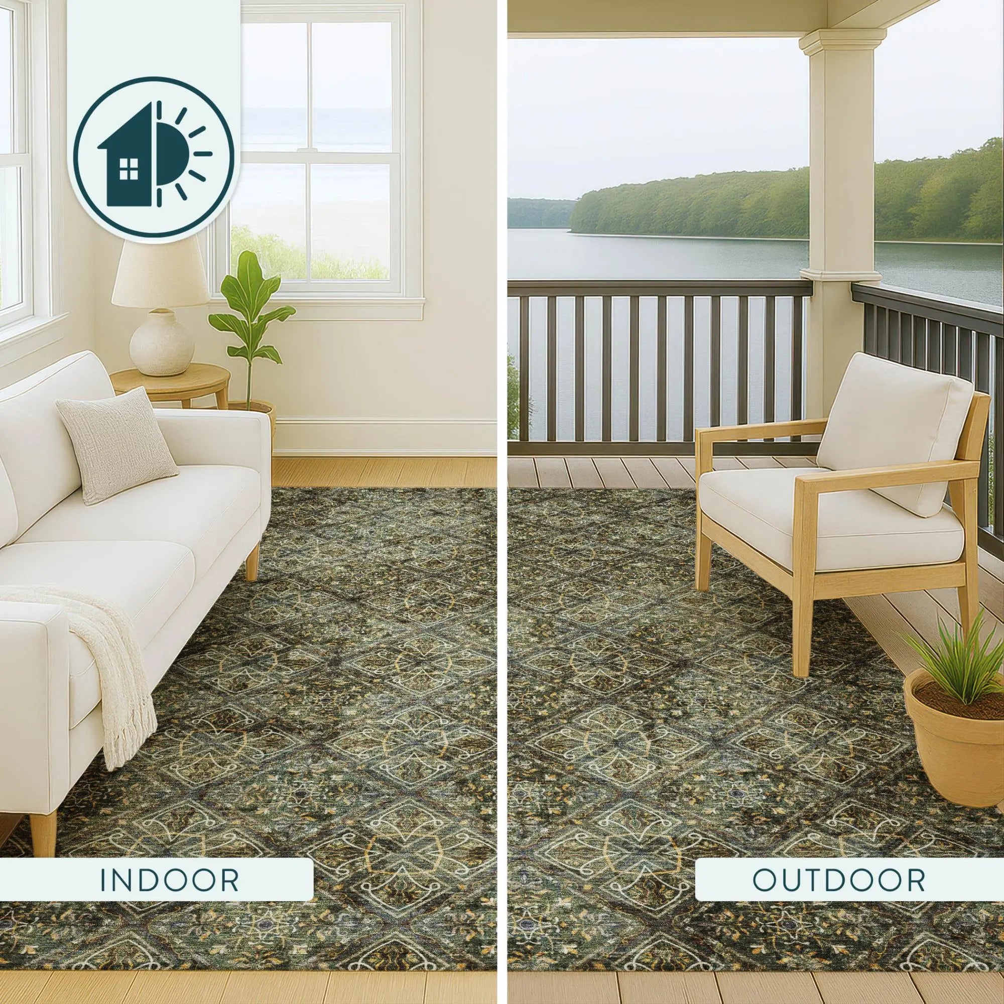 8' Olive Green And Graphite Round Geometric Washable Indoor Outdoor Area Rug Homeroots Outdoor
