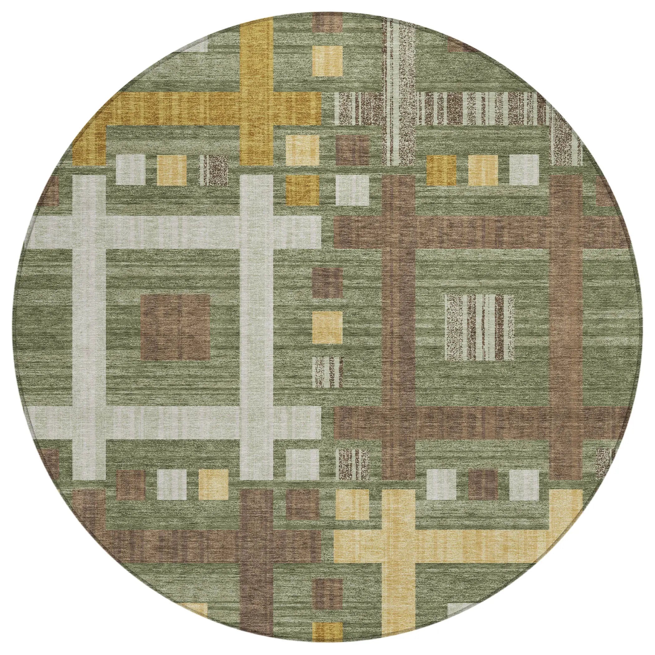 8' Olive Green And Gray Round Geometric Washable Indoor Outdoor Area Rug Homeroots Outdoor