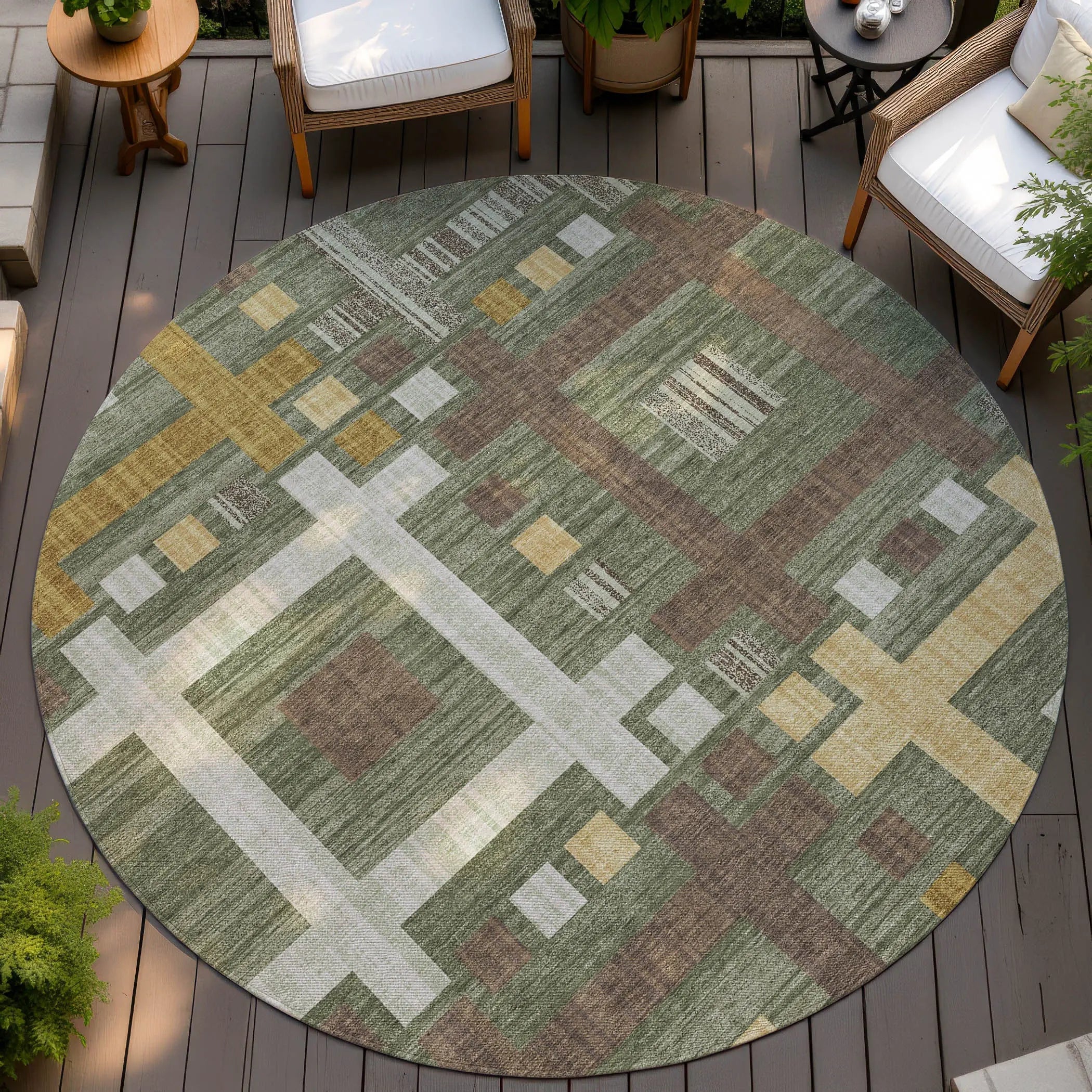 8' Olive Green And Gray Round Geometric Washable Indoor Outdoor Area Rug Homeroots Outdoor