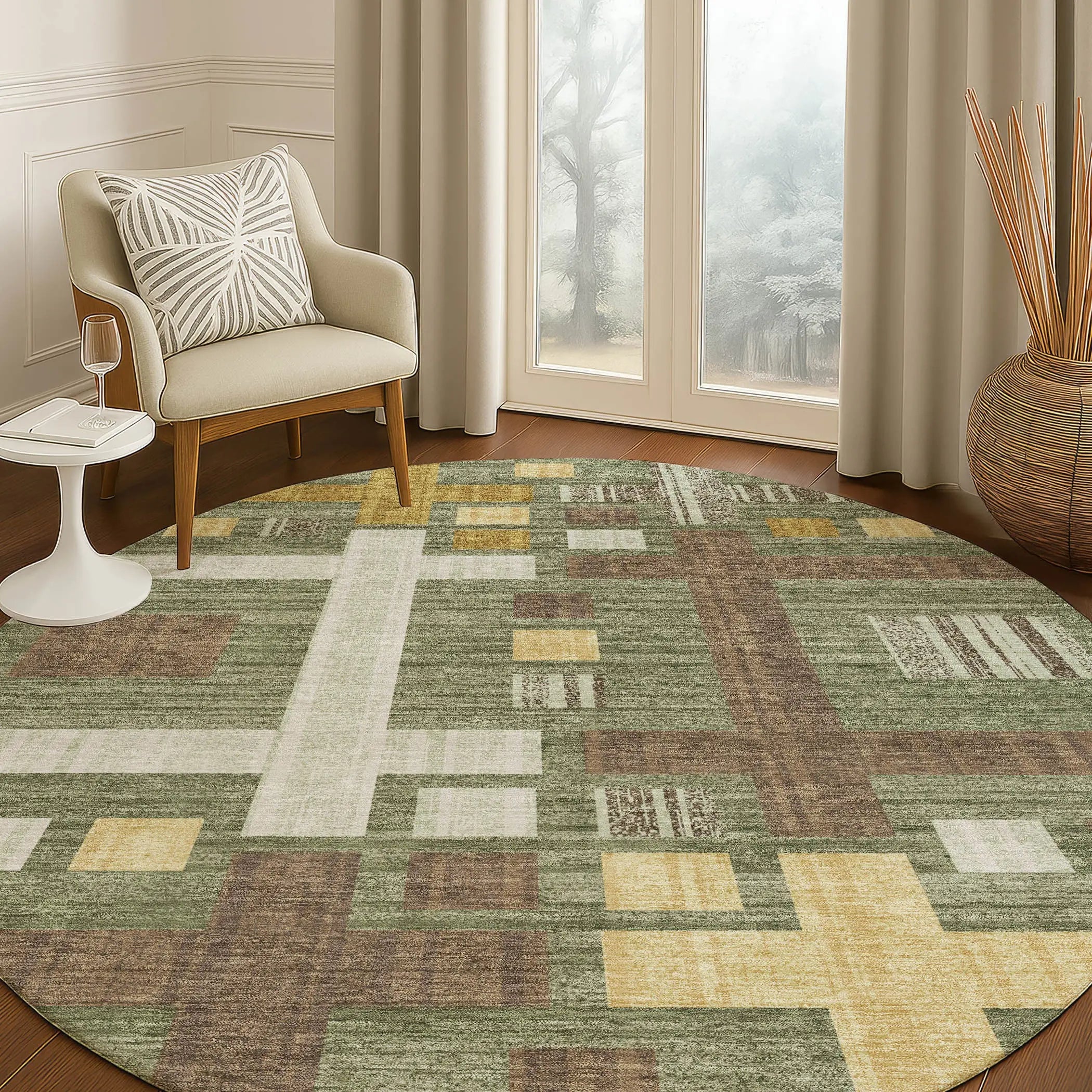 8' Olive Green And Gray Round Geometric Washable Indoor Outdoor Area Rug Homeroots Outdoor