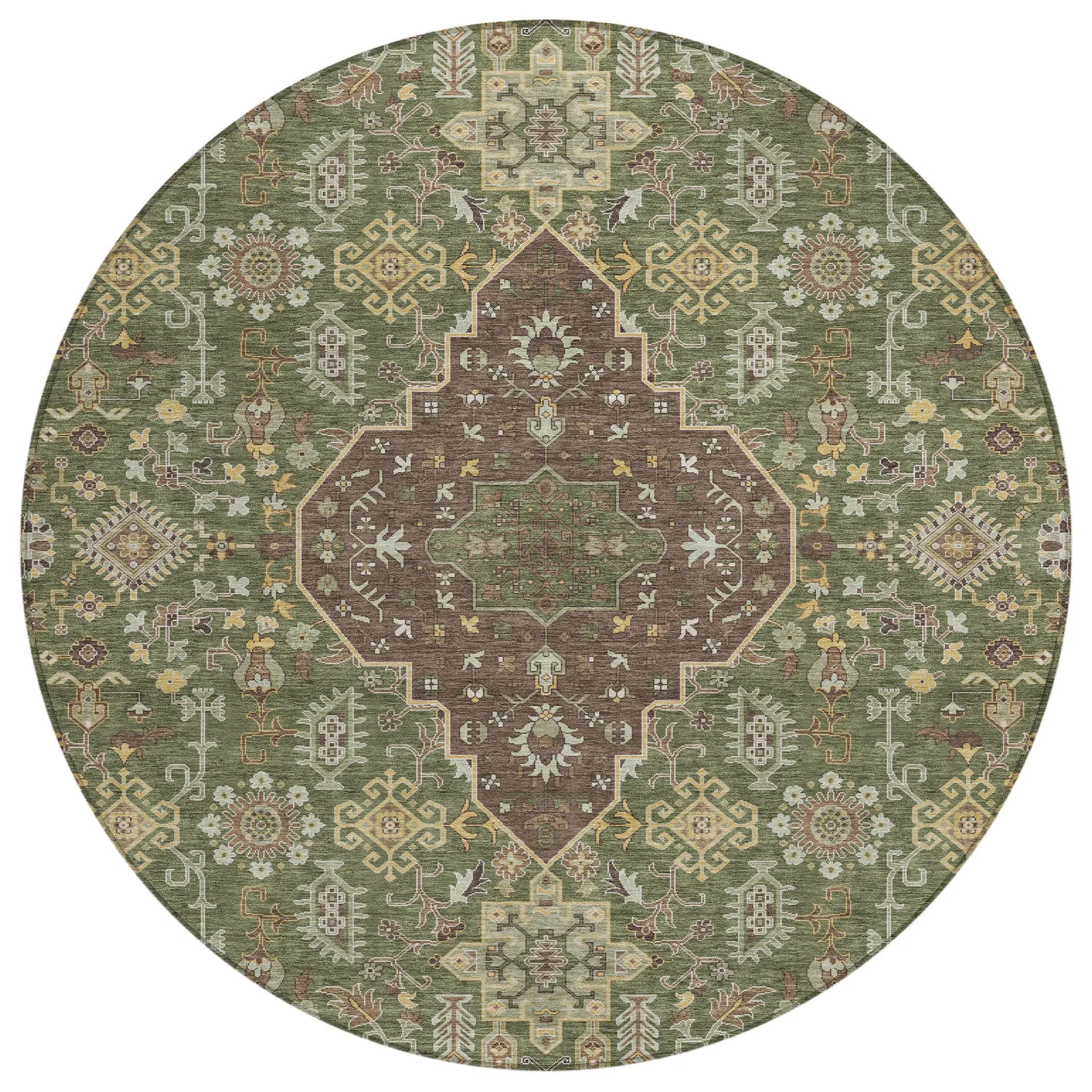 8' Olive Green And Gray Round Medallion Washable Indoor Outdoor Area Rug Homeroots Outdoor