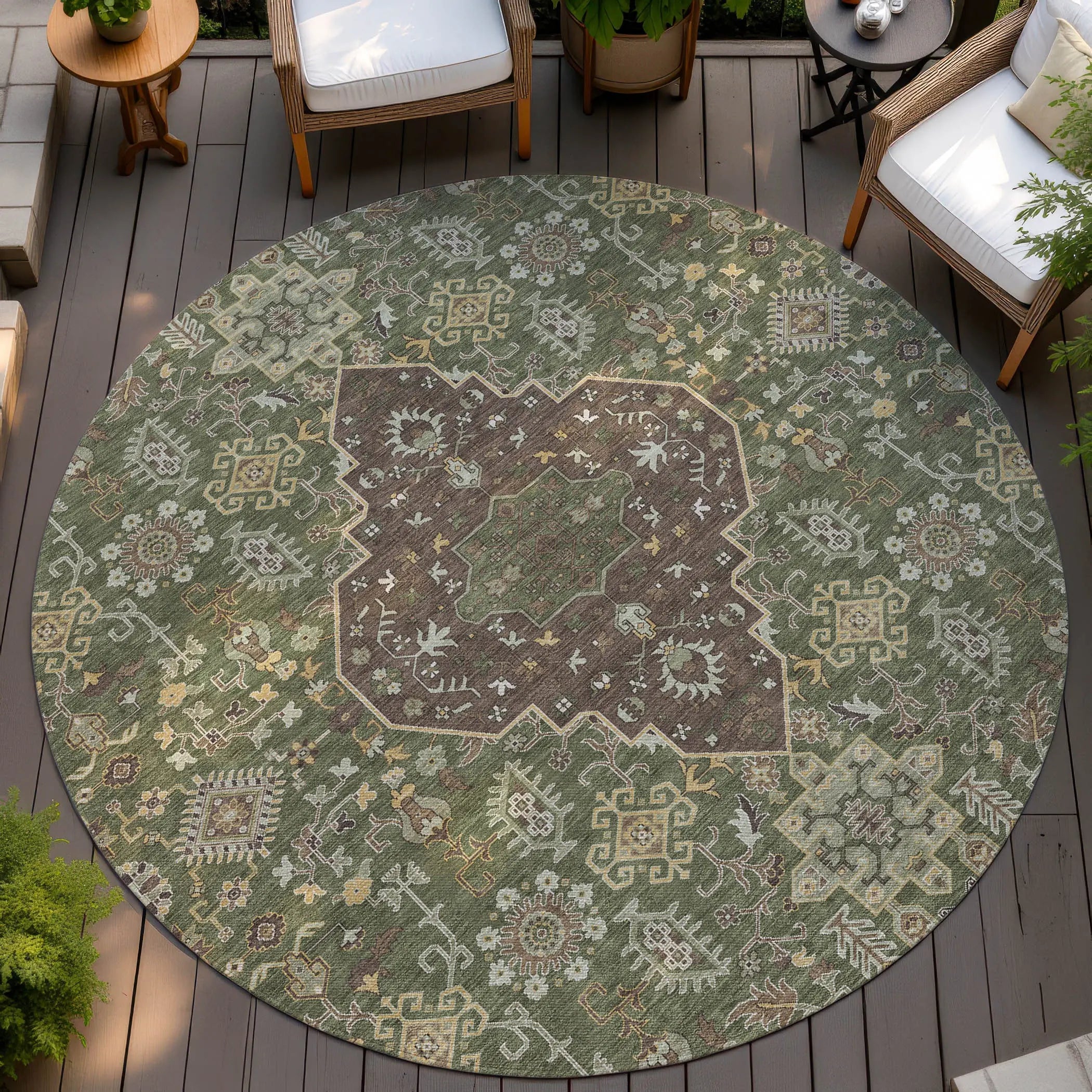 8' Olive Green And Gray Round Medallion Washable Indoor Outdoor Area Rug Homeroots Outdoor