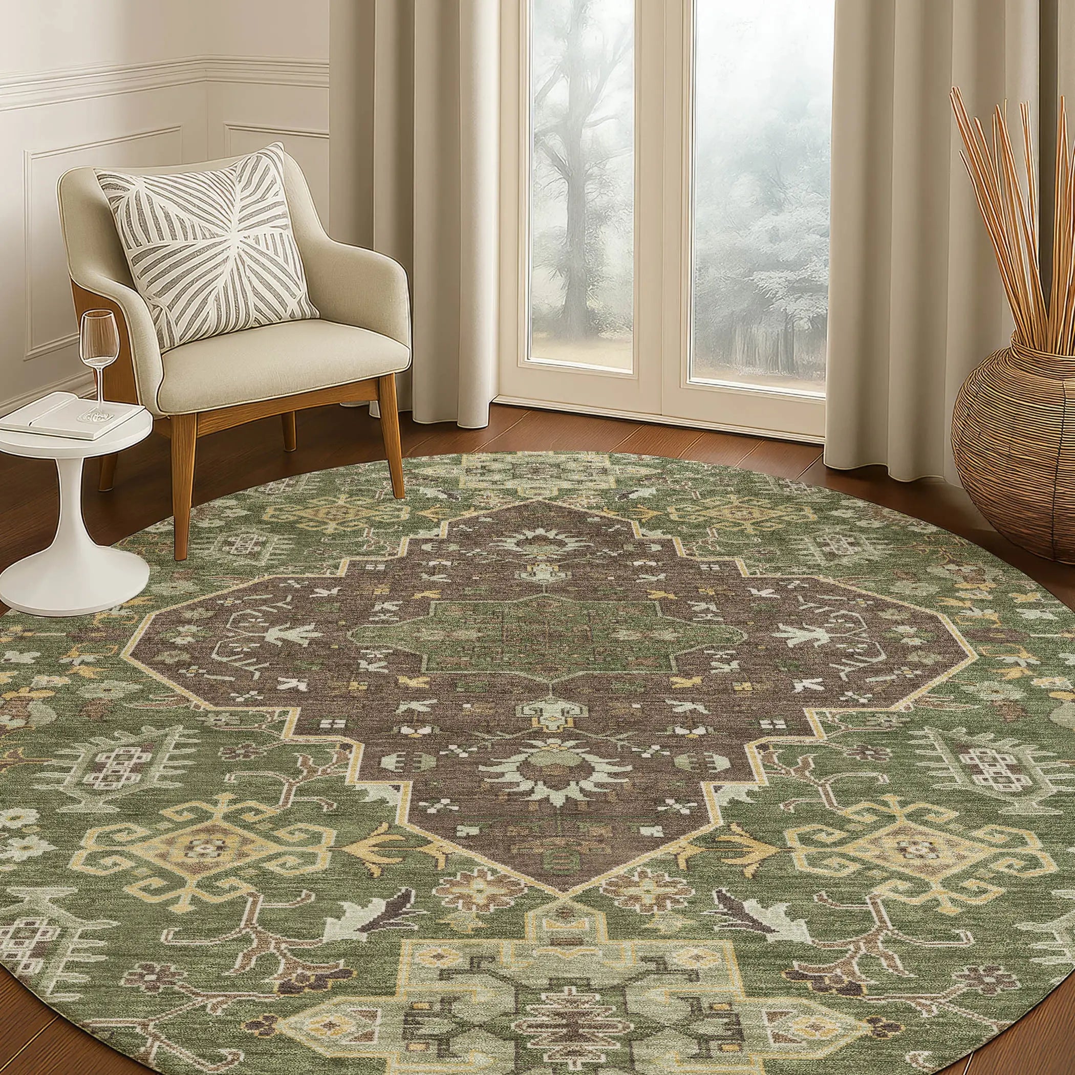 8' Olive Green And Gray Round Medallion Washable Indoor Outdoor Area Rug Homeroots Outdoor