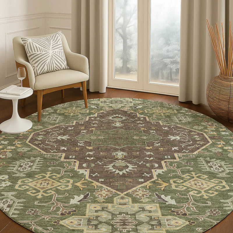 8' Olive Green And Gray Round Medallion Washable Indoor Outdoor Area Rug Homeroots Outdoor