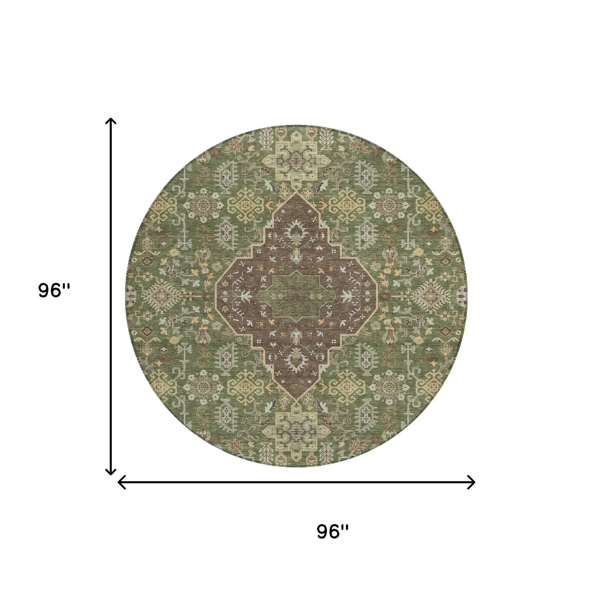 8' Olive Green And Gray Round Medallion Washable Indoor Outdoor Area Rug Homeroots Outdoor
