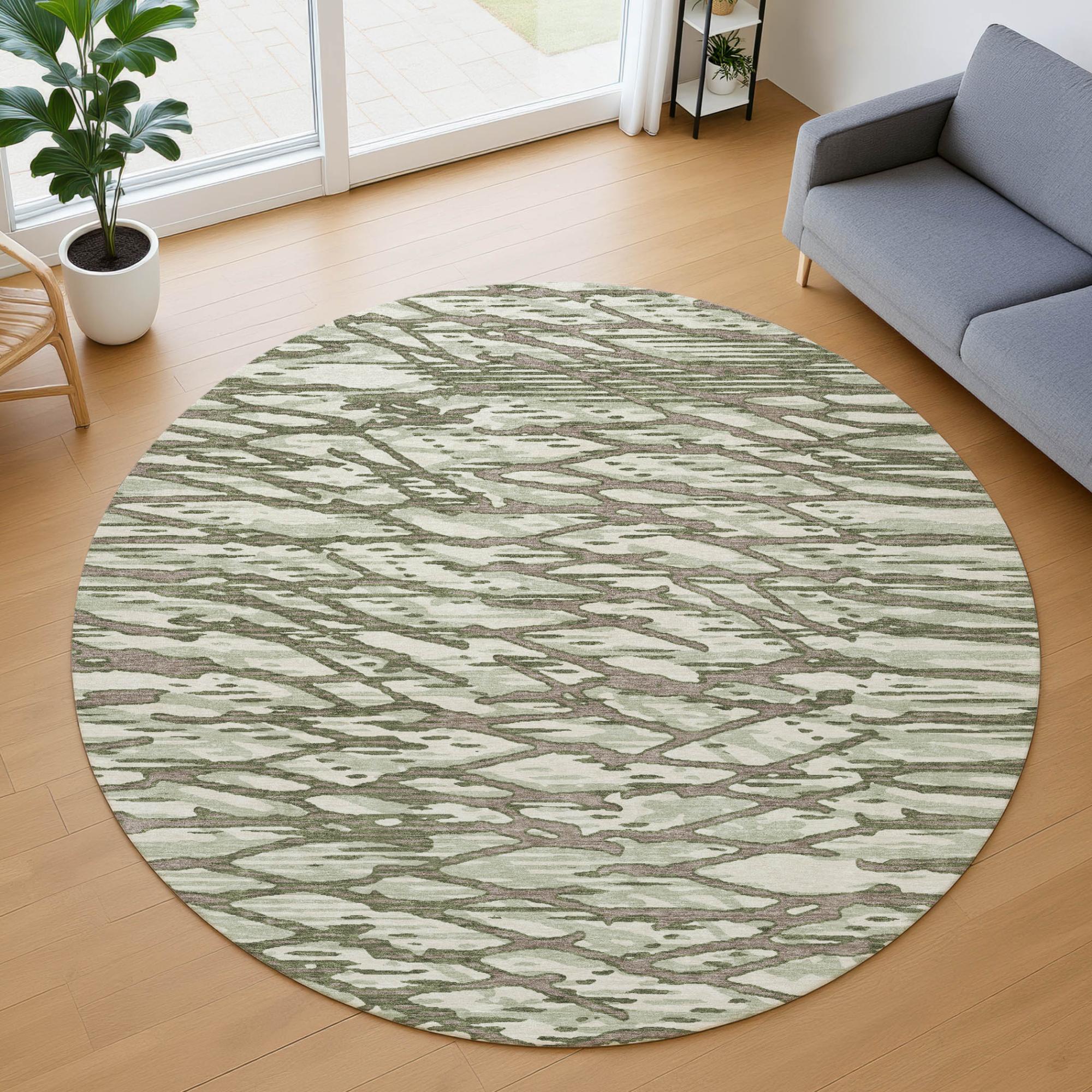 8' Olive Green And Green Round Abstract Washable Indoor Outdoor Area Rug Homeroots Outdoor