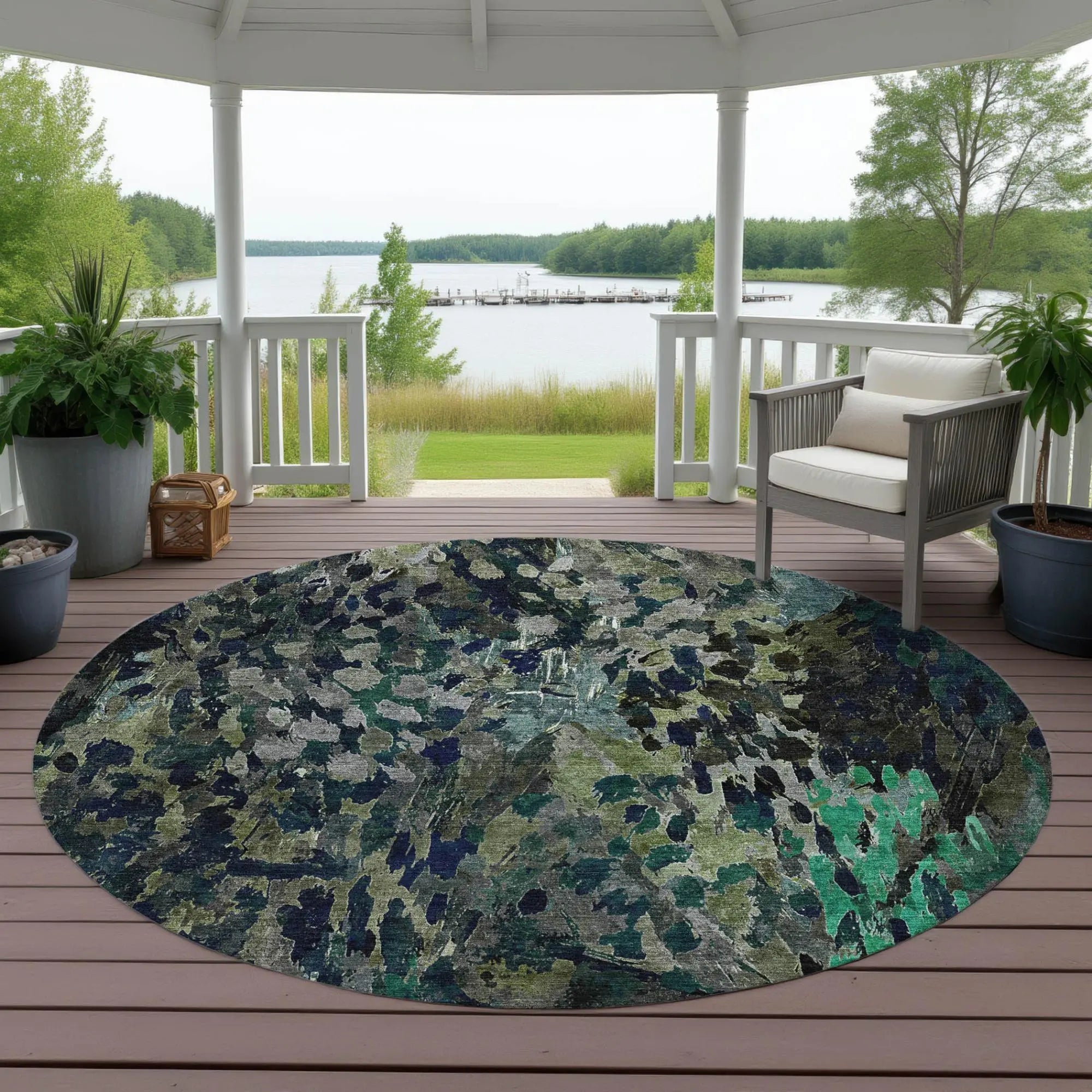 8' Olive Green And Green Round Abstract Washable Indoor Outdoor Area Rug Homeroots Outdoor