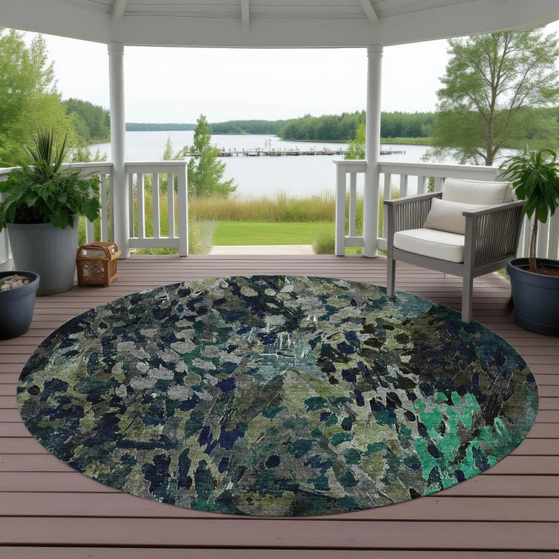 8' Olive Green And Green Round Abstract Washable Indoor Outdoor Area Rug Homeroots Outdoor