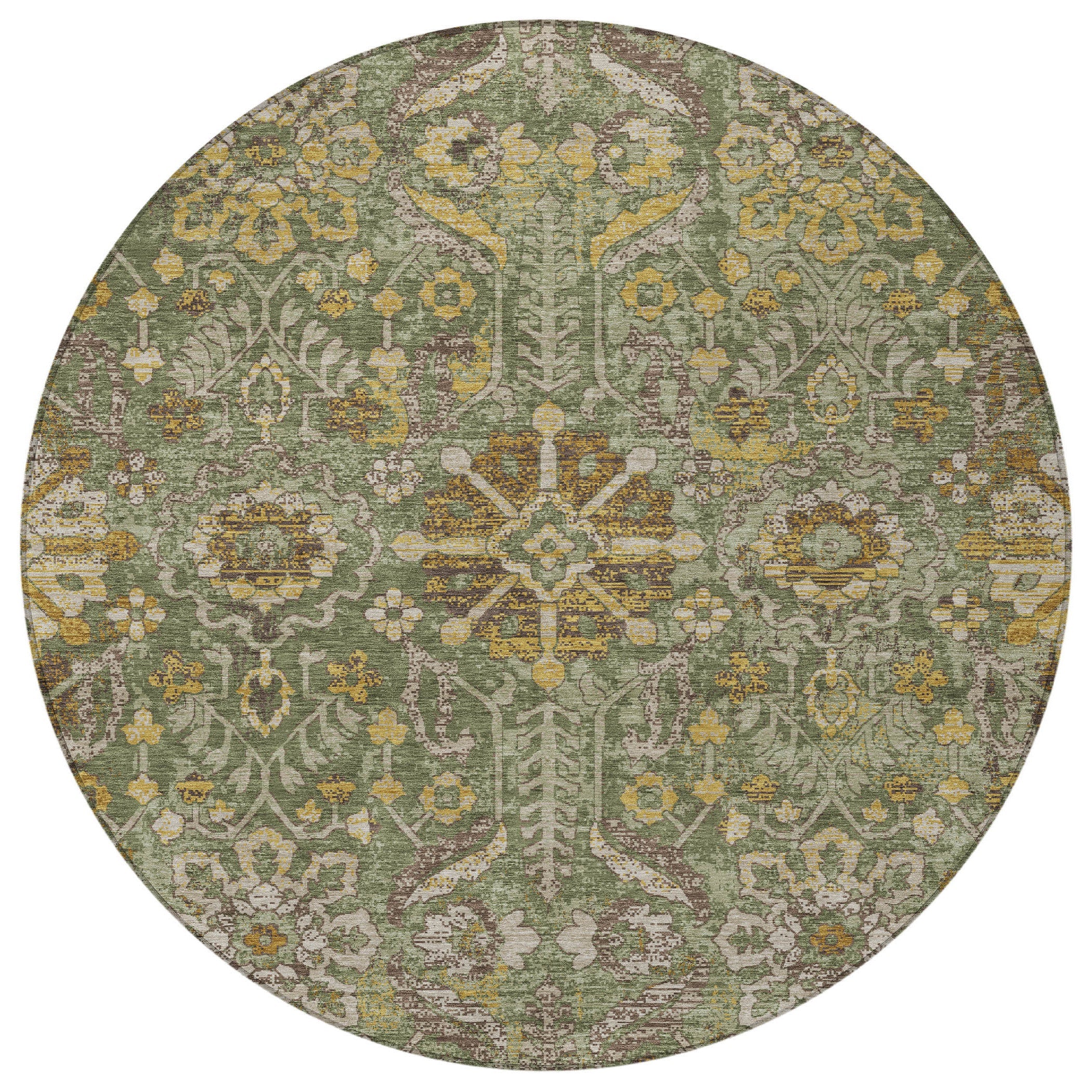8' Olive Green And Green Round Damask Washable Indoor Outdoor Area Rug Homeroots Outdoor
