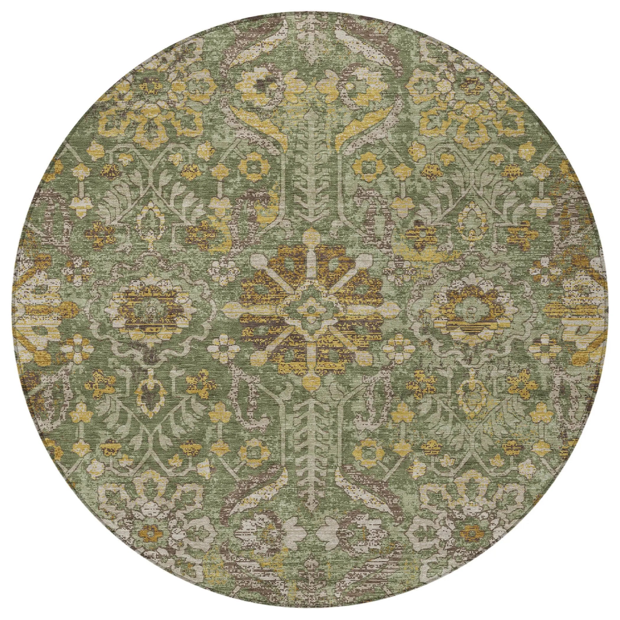 8' Olive Green And Green Round Damask Washable Indoor Outdoor Area Rug Homeroots Outdoor
