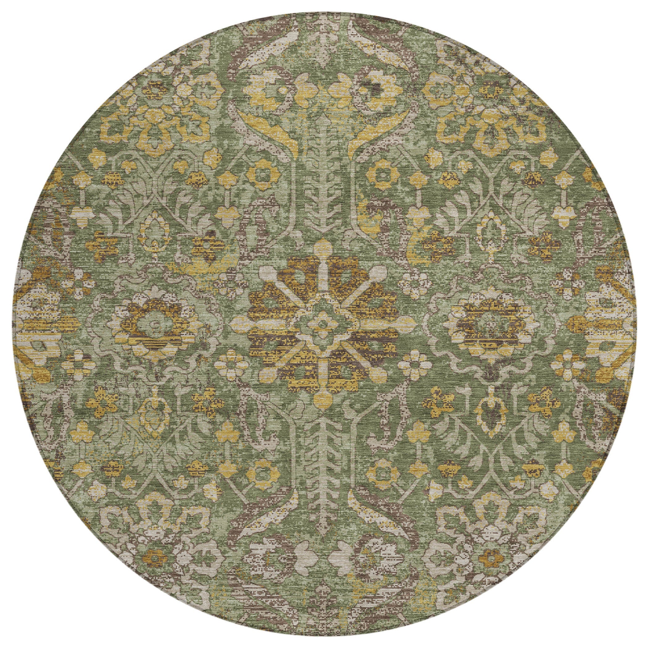 8' Olive Green And Green Round Damask Washable Indoor Outdoor Area Rug Homeroots Outdoor