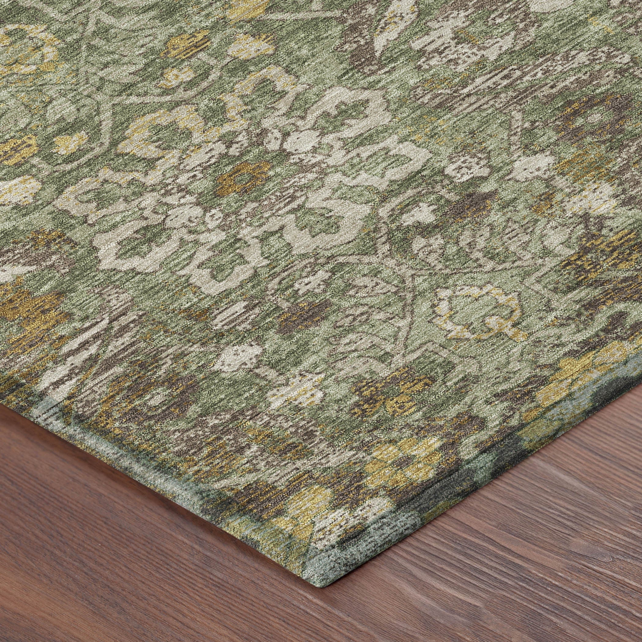 8' Olive Green And Green Round Damask Washable Indoor Outdoor Area Rug Homeroots Outdoor