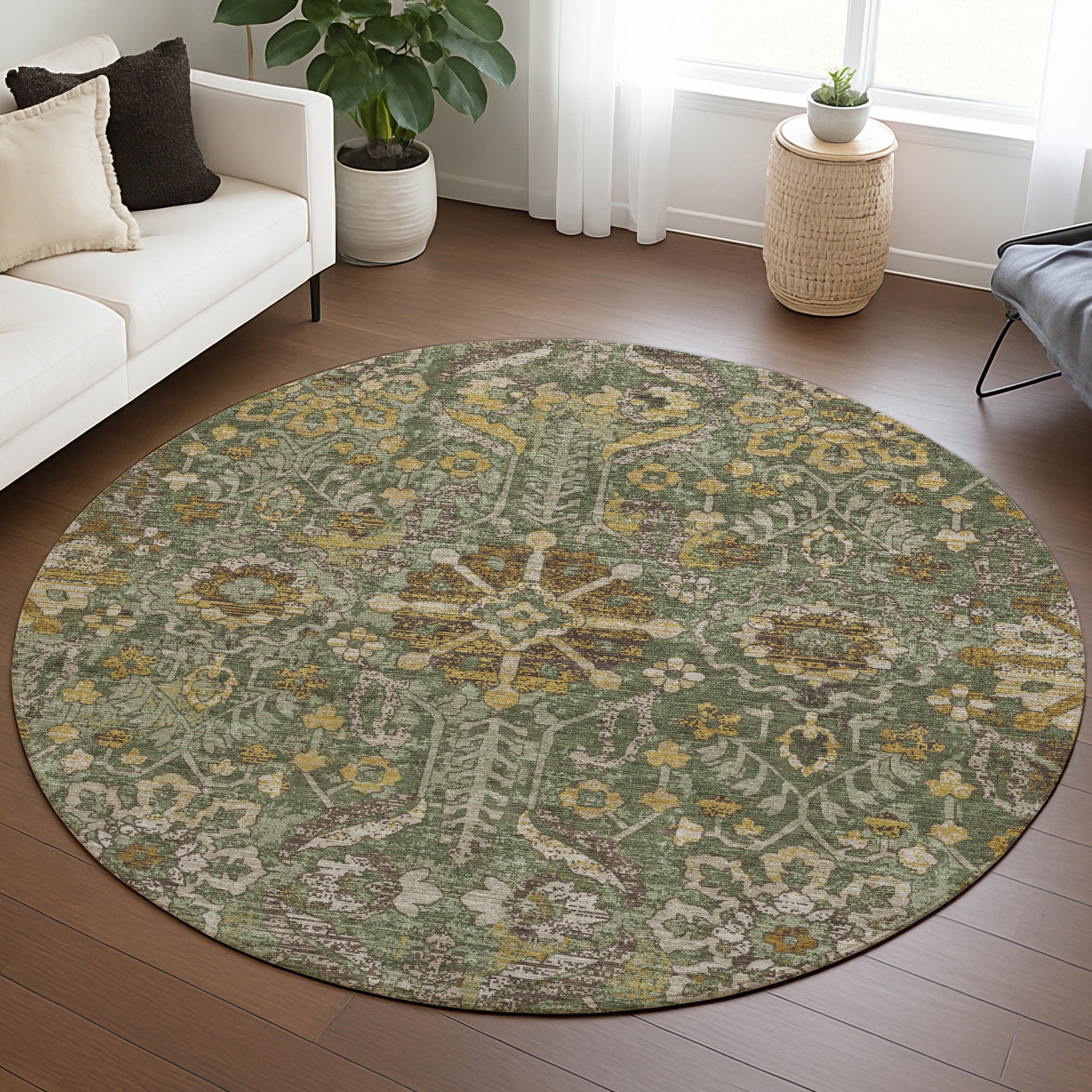 8' Olive Green And Green Round Damask Washable Indoor Outdoor Area Rug Homeroots Outdoor