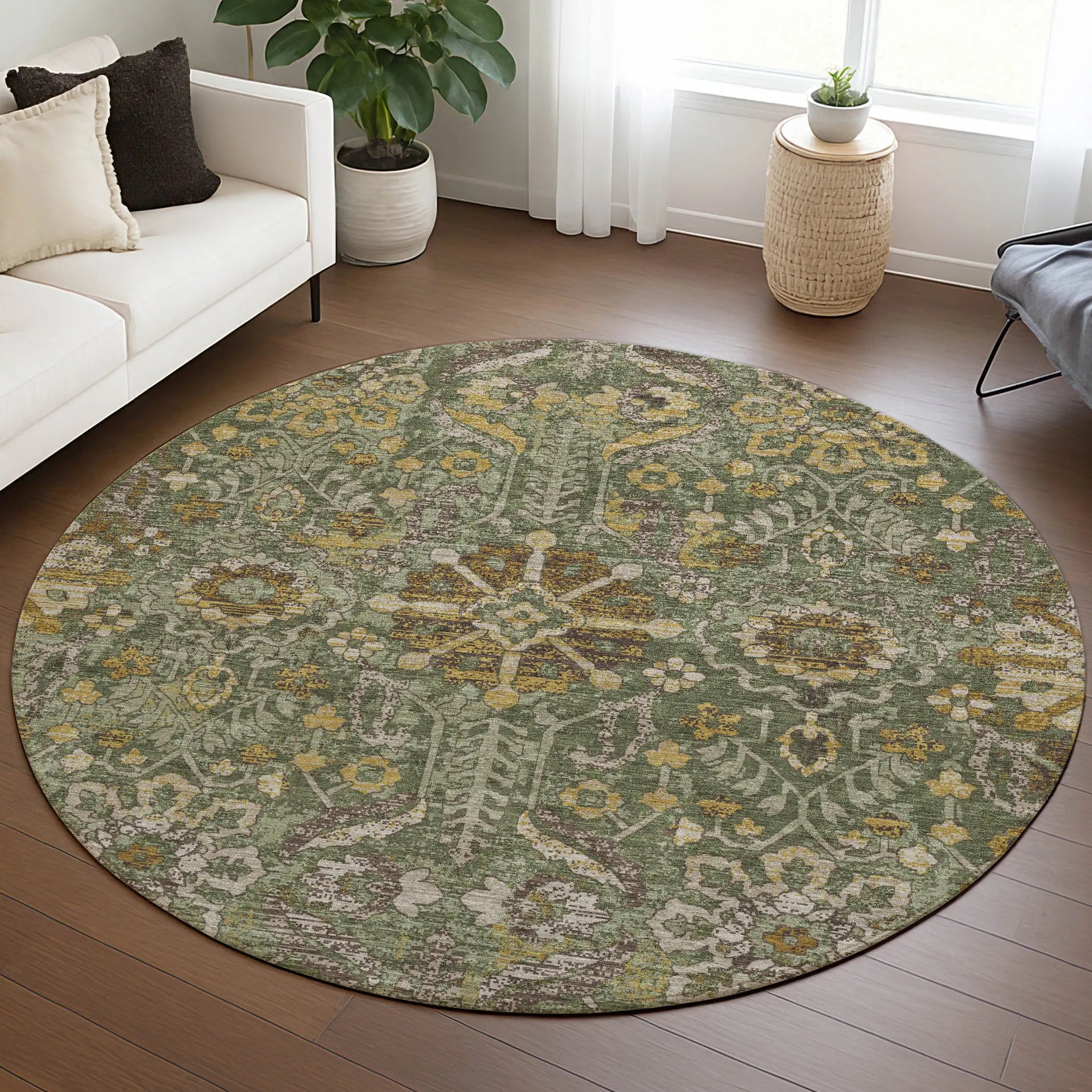 8' Olive Green And Green Round Damask Washable Indoor Outdoor Area Rug Homeroots Outdoor