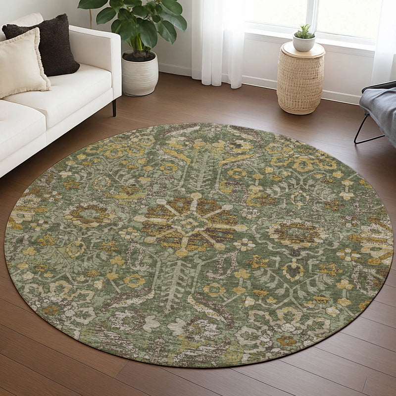 8' Olive Green And Green Round Damask Washable Indoor Outdoor Area Rug Homeroots Outdoor