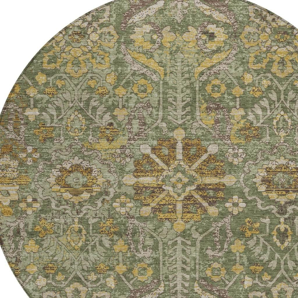 8' Olive Green And Green Round Damask Washable Indoor Outdoor Area Rug Homeroots Outdoor