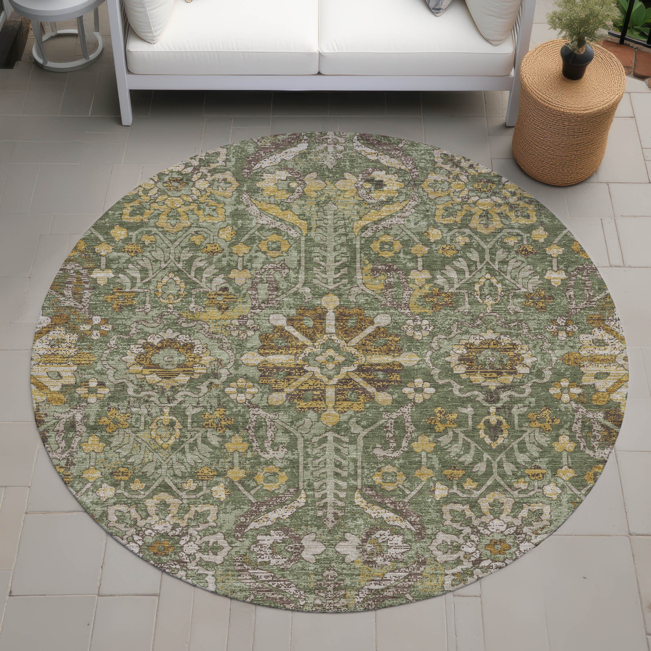 8' Olive Green And Green Round Damask Washable Indoor Outdoor Area Rug Homeroots Outdoor