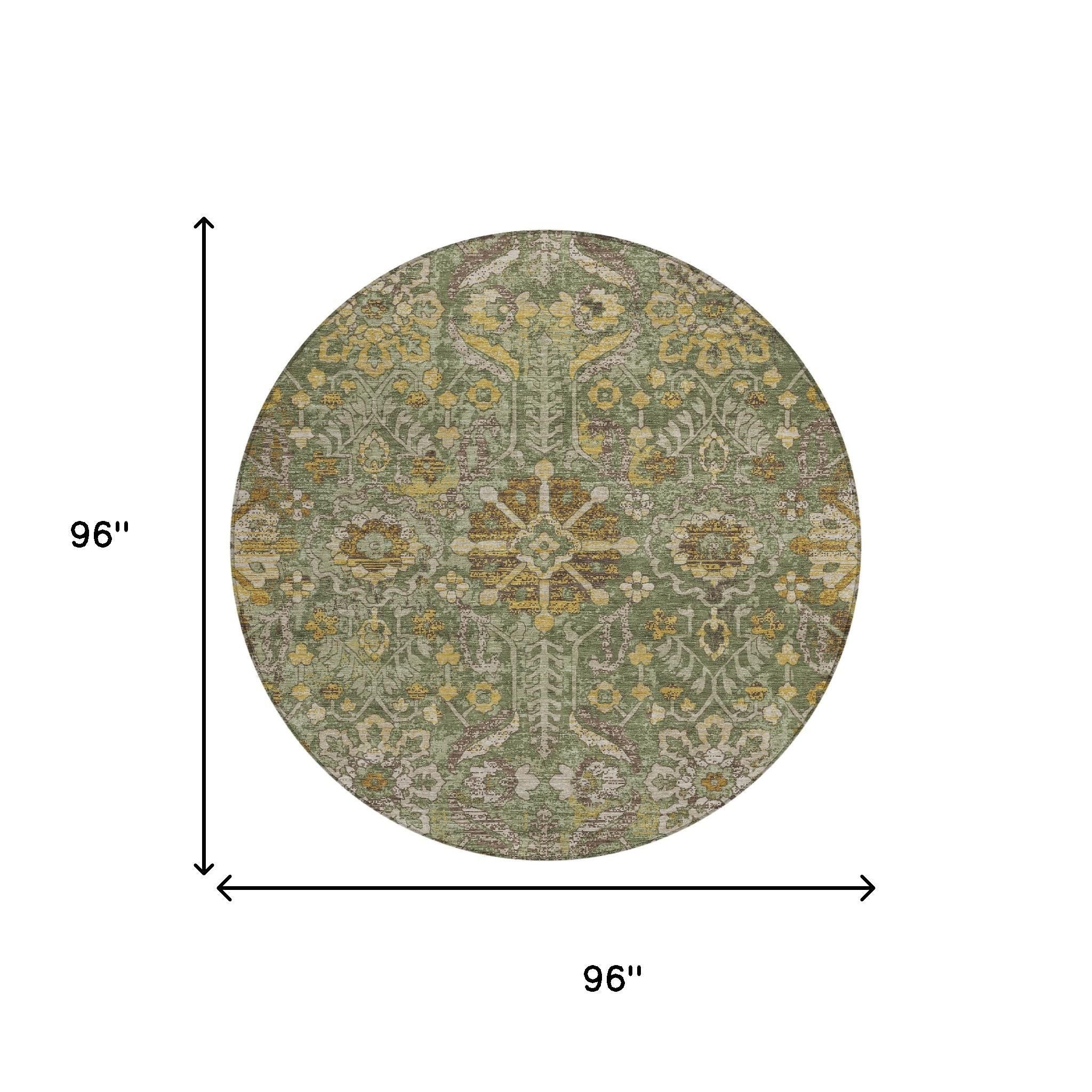 8' Olive Green And Green Round Damask Washable Indoor Outdoor Area Rug Homeroots Outdoor