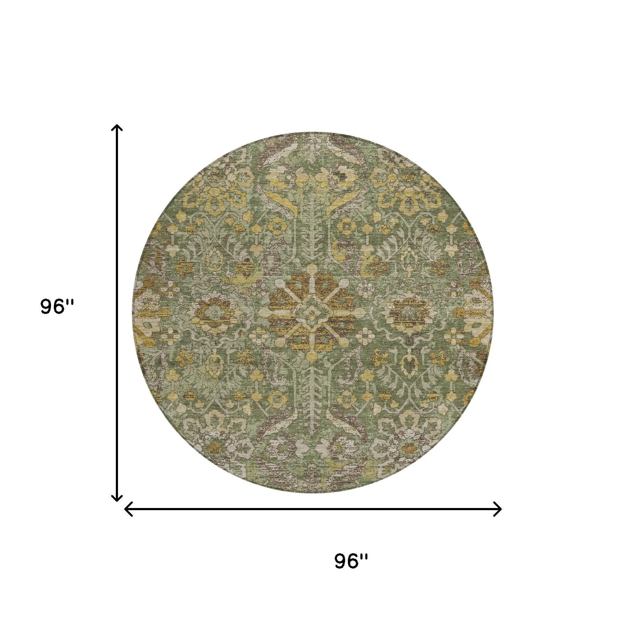 8' Olive Green And Green Round Damask Washable Indoor Outdoor Area Rug Homeroots Outdoor