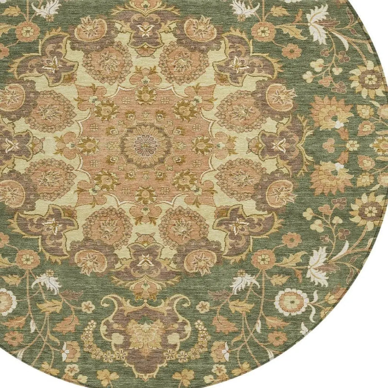 8' Olive Green And Green Round Damask Washable Indoor Outdoor Area Rug Homeroots Outdoor