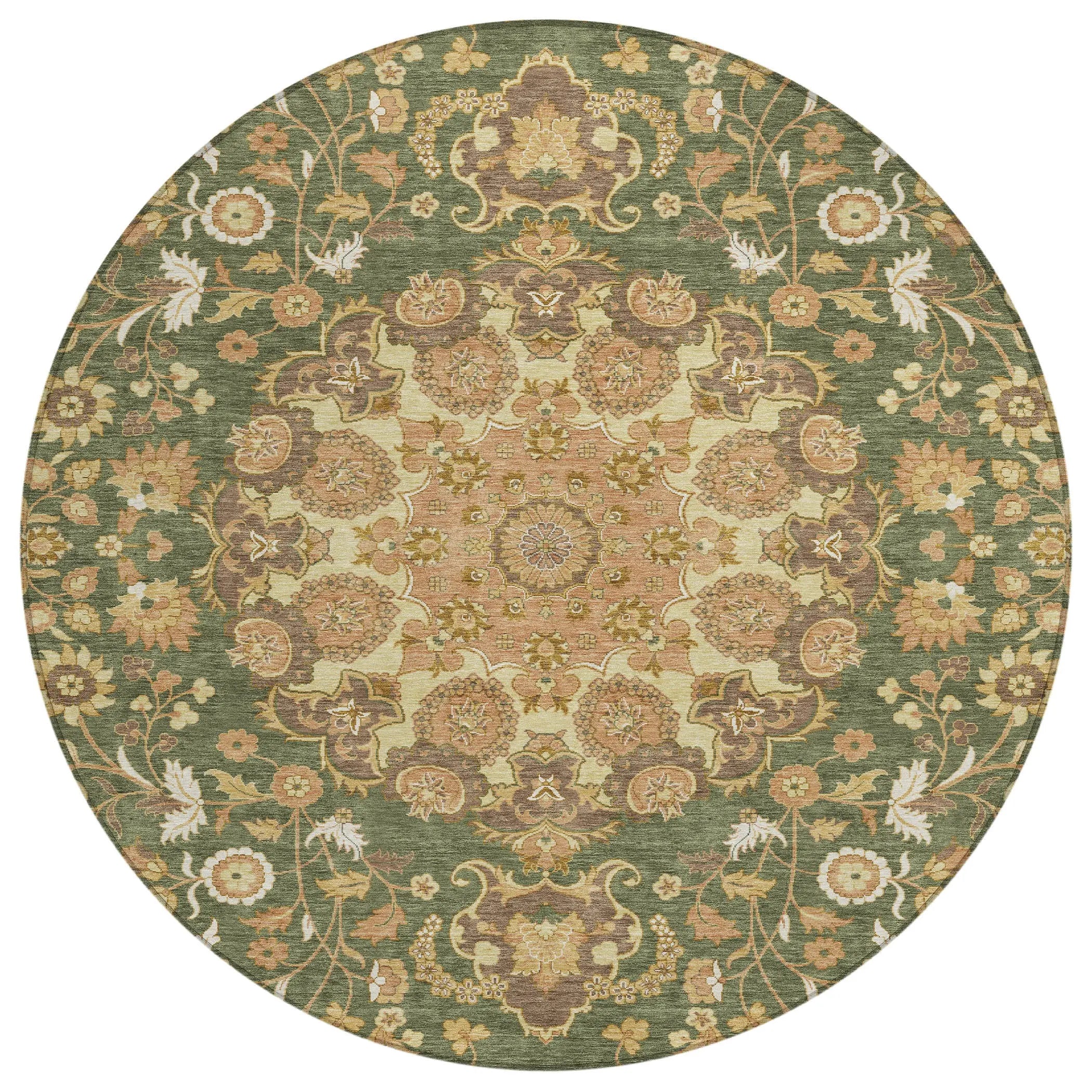 8' Olive Green And Green Round Damask Washable Indoor Outdoor Area Rug Homeroots Outdoor