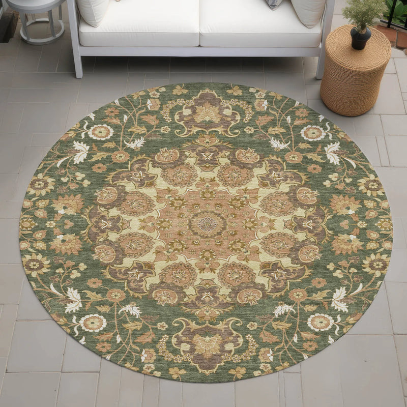 8' Olive Green And Green Round Damask Washable Indoor Outdoor Area Rug Homeroots Outdoor