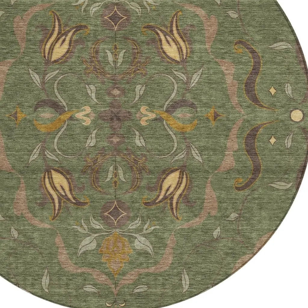 8' Olive Green And Green Round Damask Washable Indoor Outdoor Area Rug Homeroots Outdoor