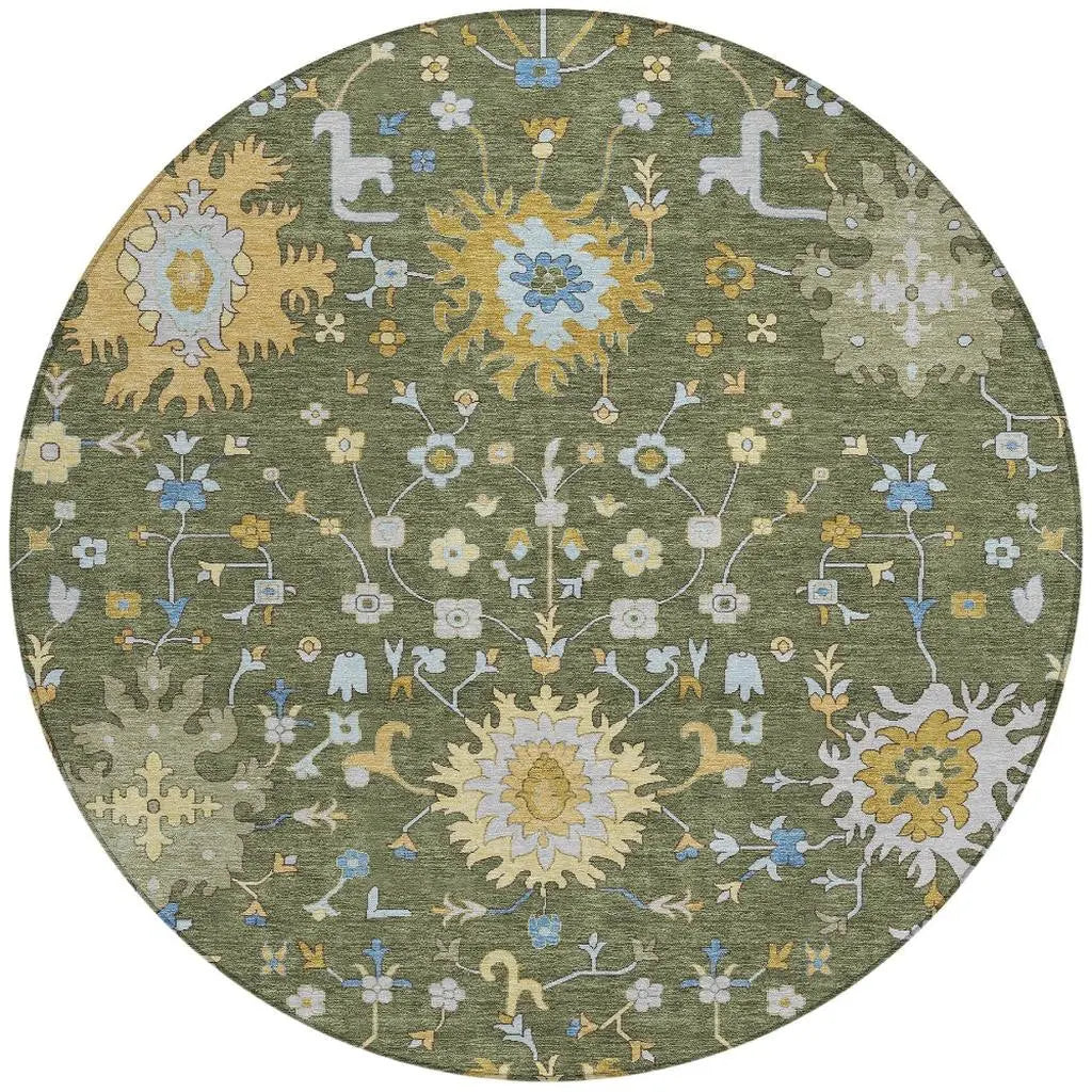 8' Olive Green And Green Round Faux Bois Washable Indoor Outdoor Area Rug Homeroots Outdoor