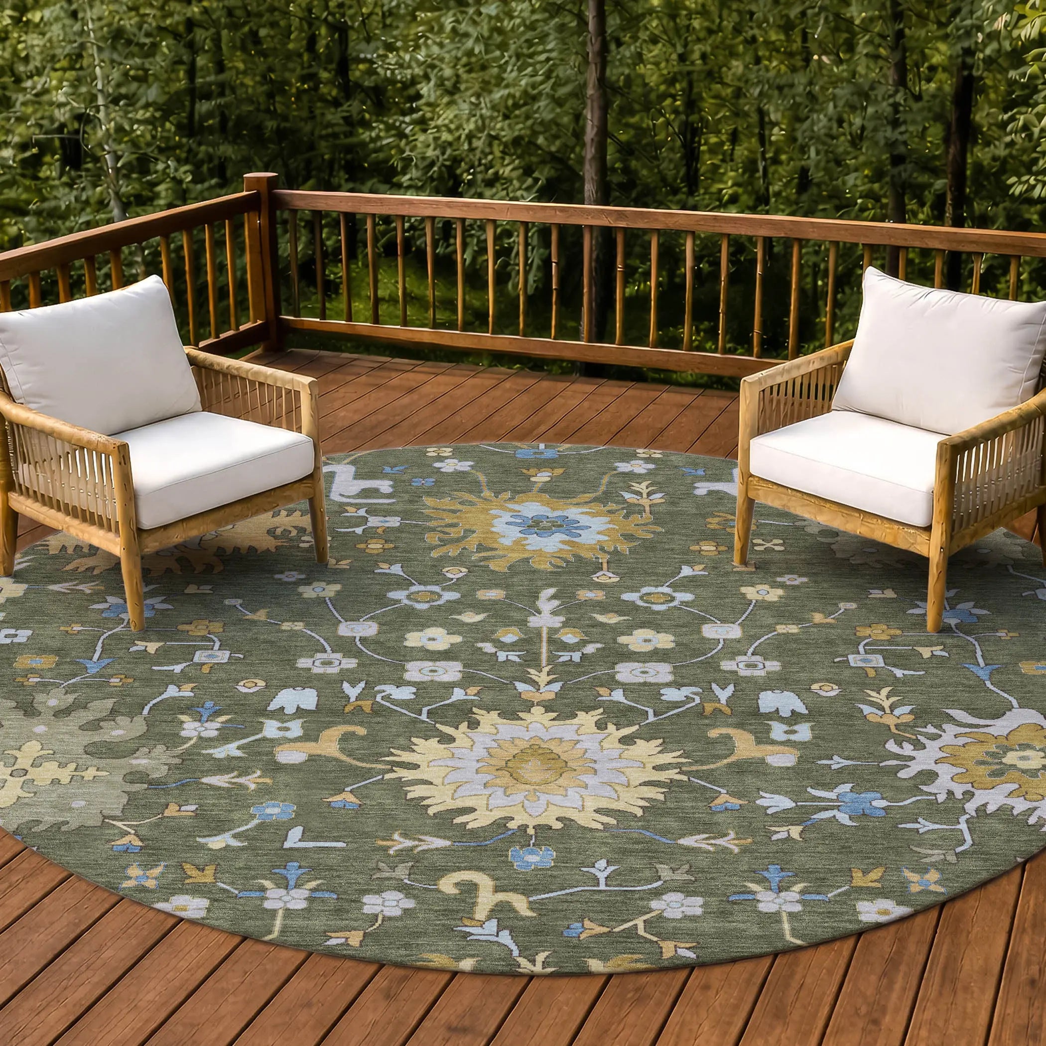 8' Olive Green And Green Round Faux Bois Washable Indoor Outdoor Area Rug Homeroots Outdoor