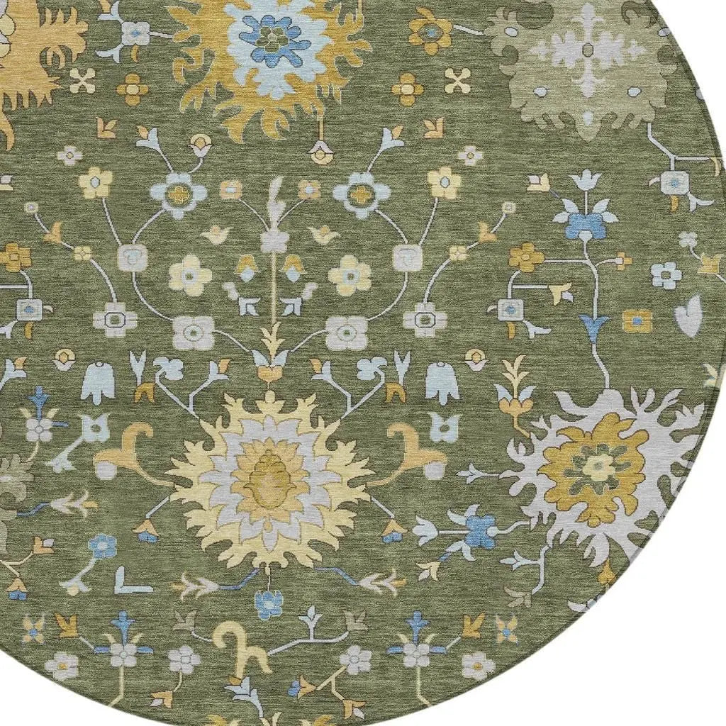 8' Olive Green And Green Round Faux Bois Washable Indoor Outdoor Area Rug Homeroots Outdoor