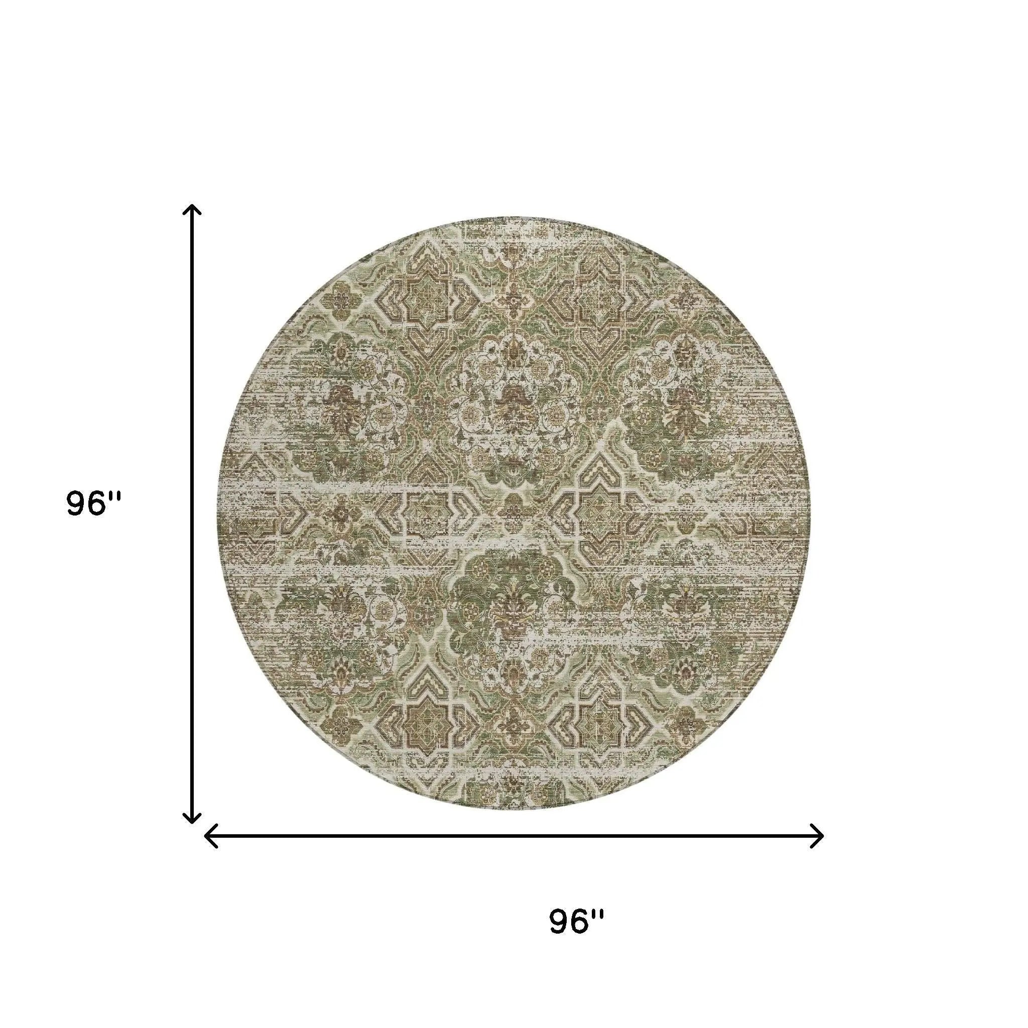 8' Olive Green And Green Round Floral Washable Indoor Outdoor Area Rug Homeroots Outdoor