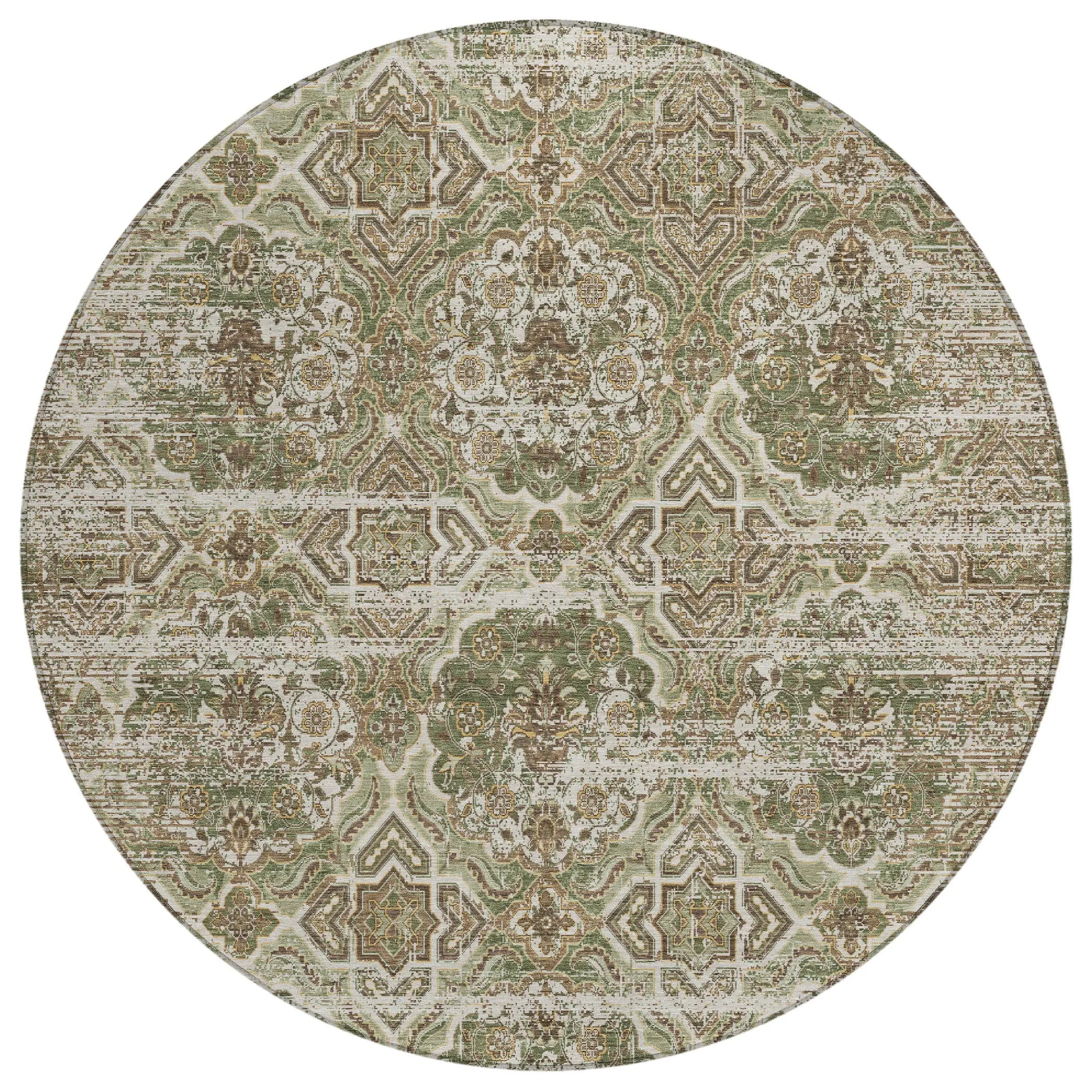 8' Olive Green And Green Round Floral Washable Indoor Outdoor Area Rug Homeroots Outdoor