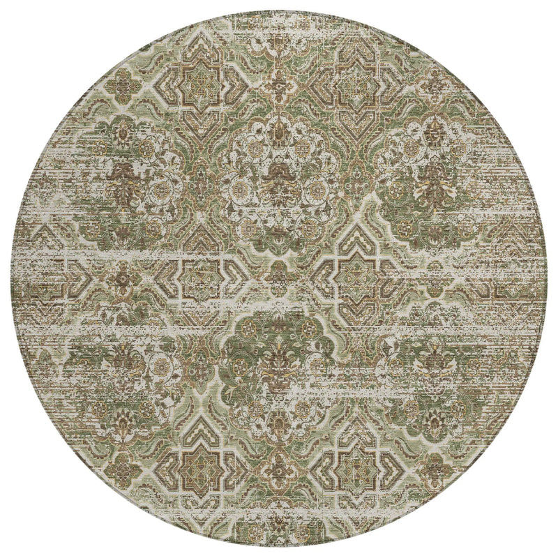 8' Olive Green And Green Round Floral Washable Indoor Outdoor Area Rug Homeroots Outdoor