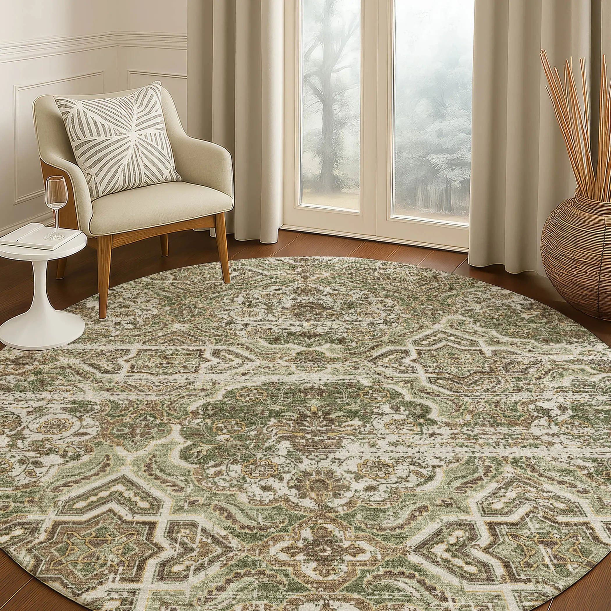 8' Olive Green And Green Round Floral Washable Indoor Outdoor Area Rug Homeroots Outdoor