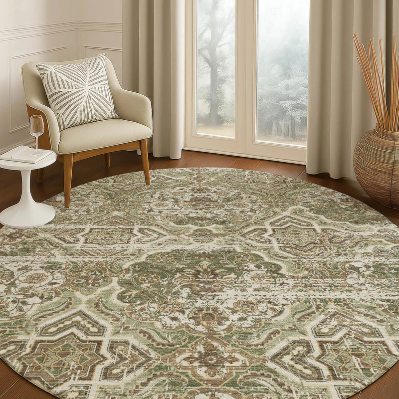 8' Olive Green And Green Round Floral Washable Indoor Outdoor Area Rug Homeroots Outdoor