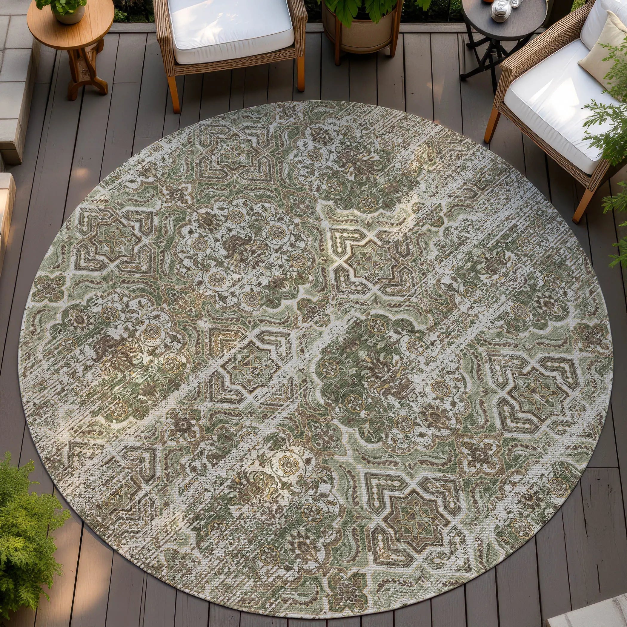 8' Olive Green And Green Round Floral Washable Indoor Outdoor Area Rug Homeroots Outdoor