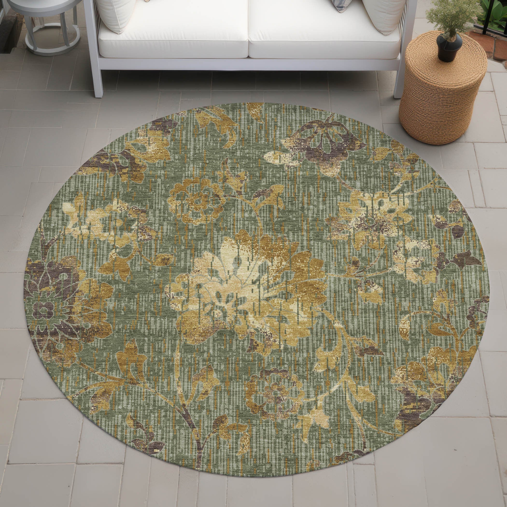 8' Olive Green And Green Round Floral Washable Indoor Outdoor Area Rug Homeroots Outdoor