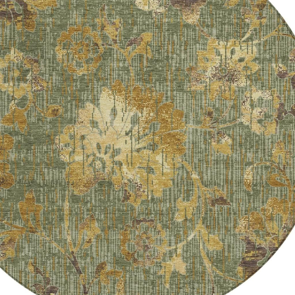 8' Olive Green And Green Round Floral Washable Indoor Outdoor Area Rug Homeroots Outdoor