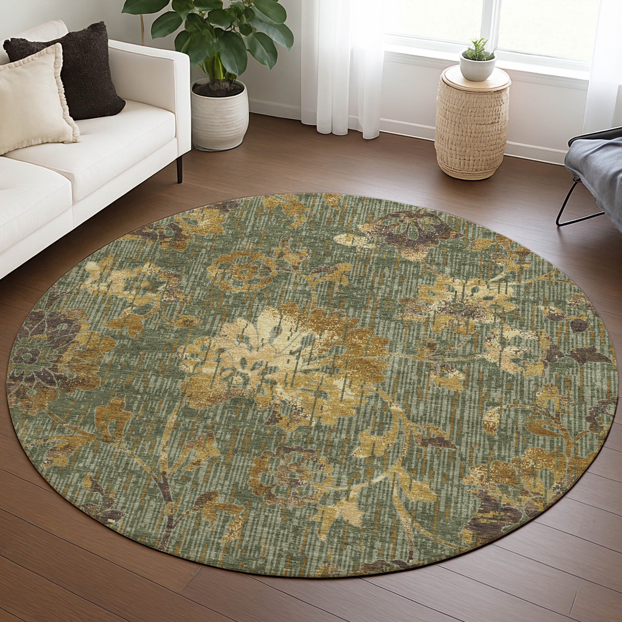 8' Olive Green And Green Round Floral Washable Indoor Outdoor Area Rug Homeroots Outdoor