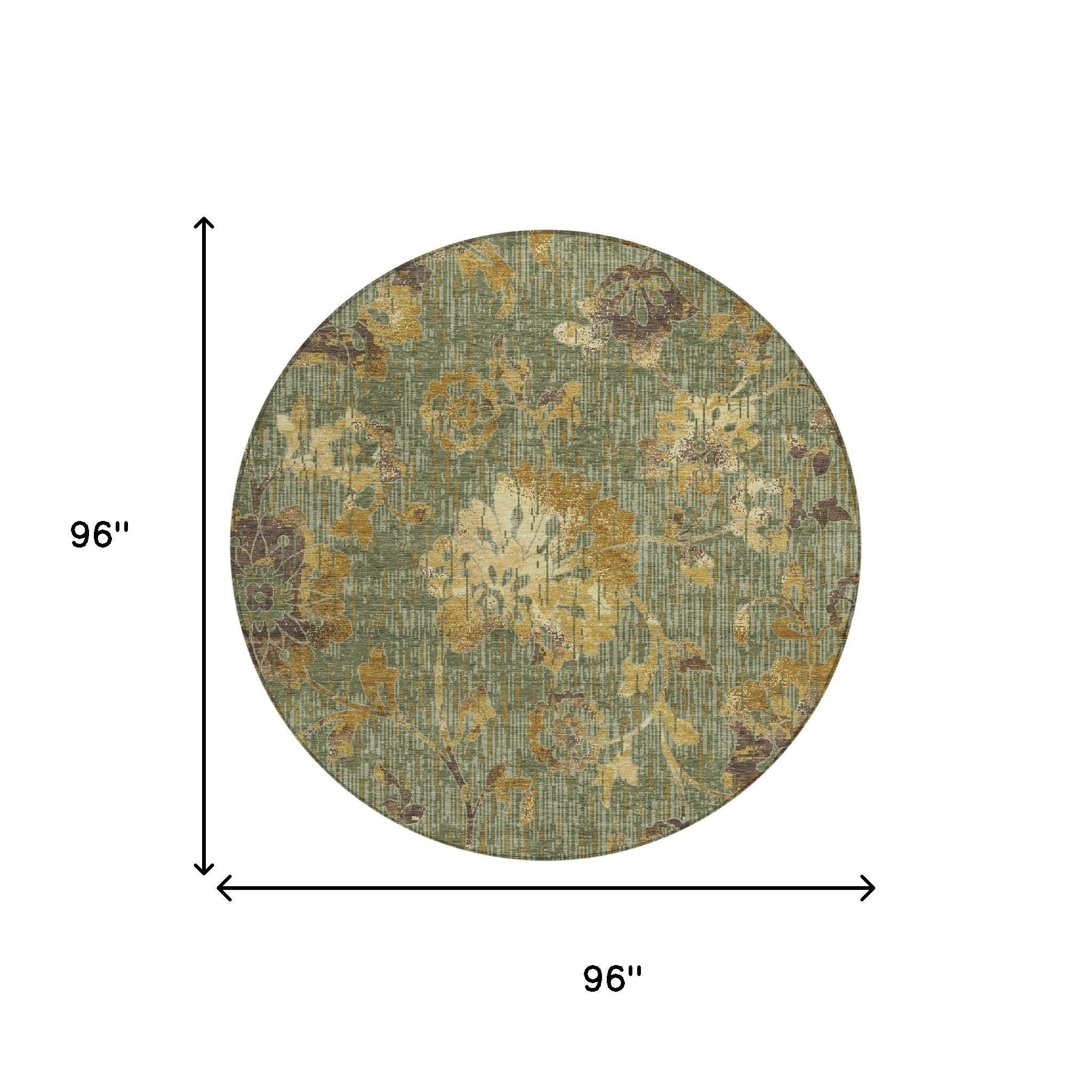 8' Olive Green And Green Round Floral Washable Indoor Outdoor Area Rug Homeroots Outdoor