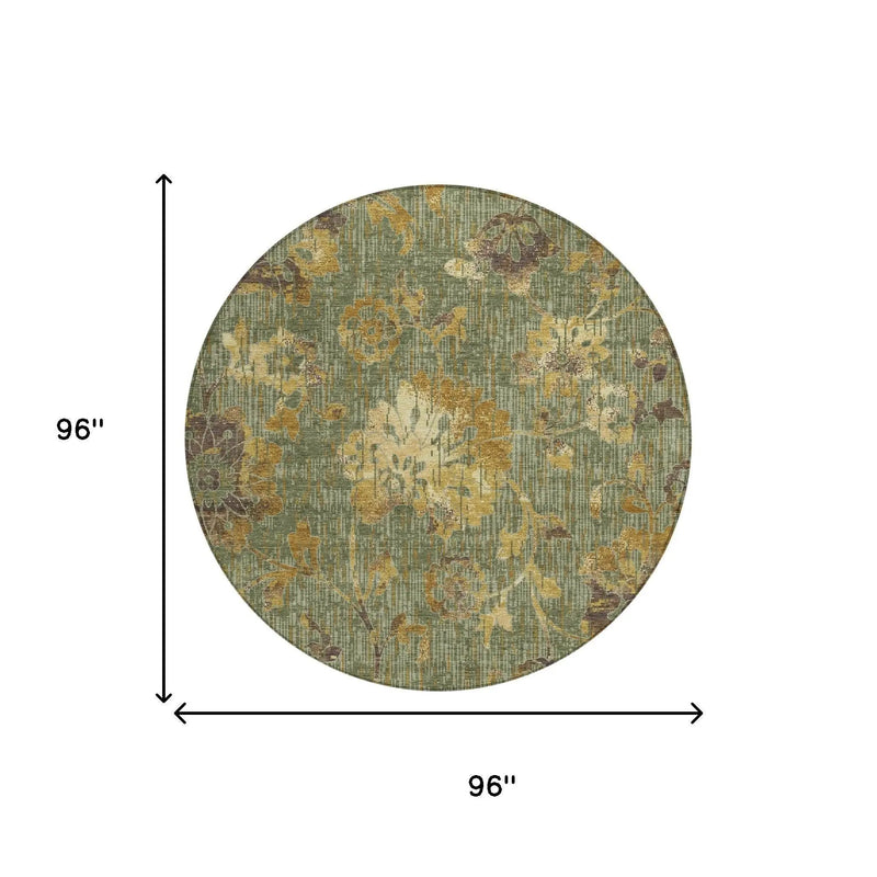 8' Olive Green And Green Round Floral Washable Indoor Outdoor Area Rug Homeroots Outdoor