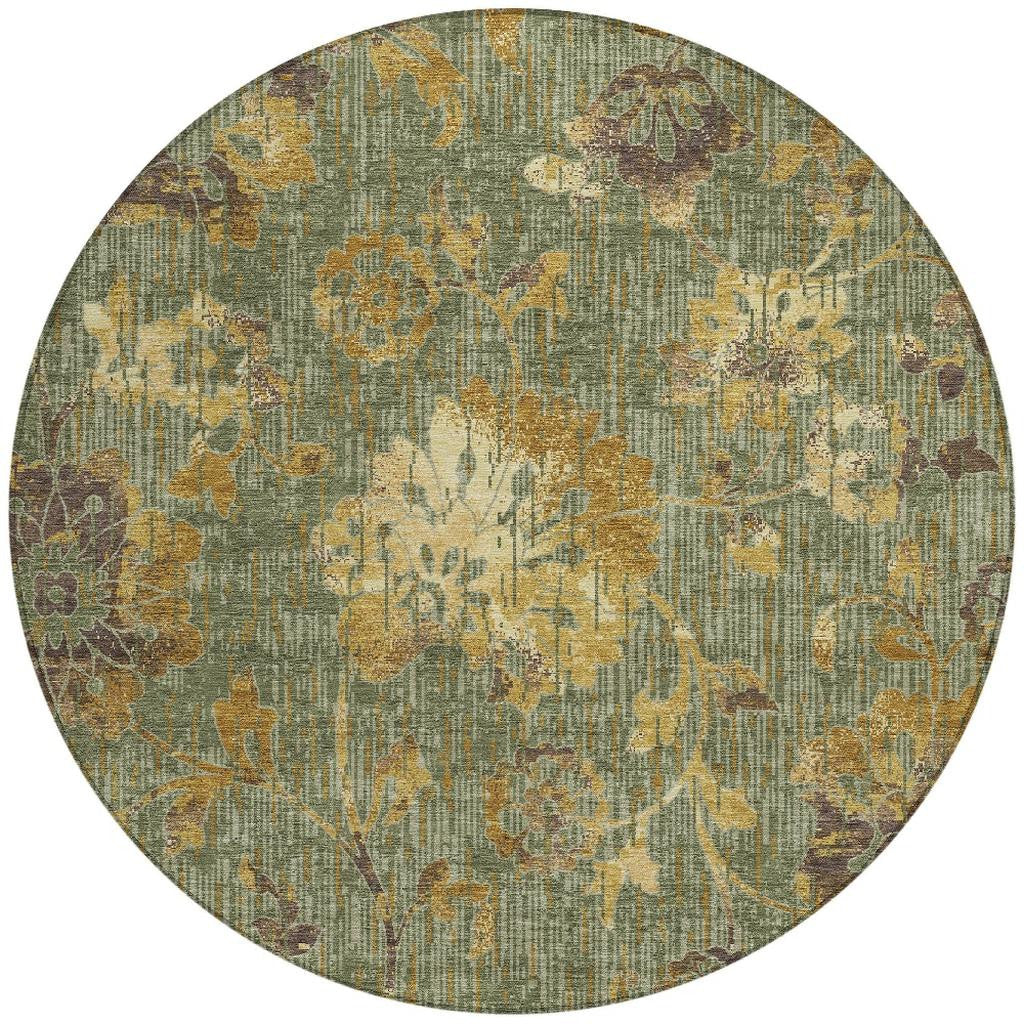 8' Olive Green And Green Round Floral Washable Indoor Outdoor Area Rug Homeroots Outdoor