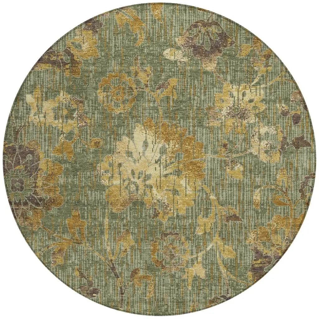 8' Olive Green And Green Round Floral Washable Indoor Outdoor Area Rug Homeroots Outdoor