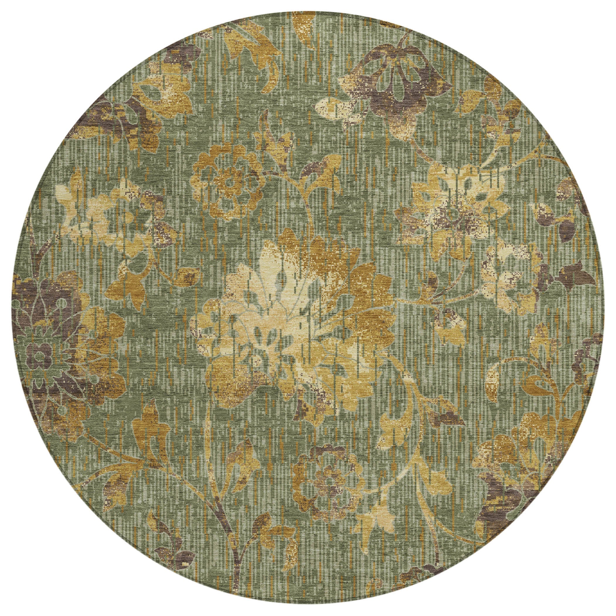8' Olive Green And Green Round Floral Washable Indoor Outdoor Area Rug Homeroots Outdoor