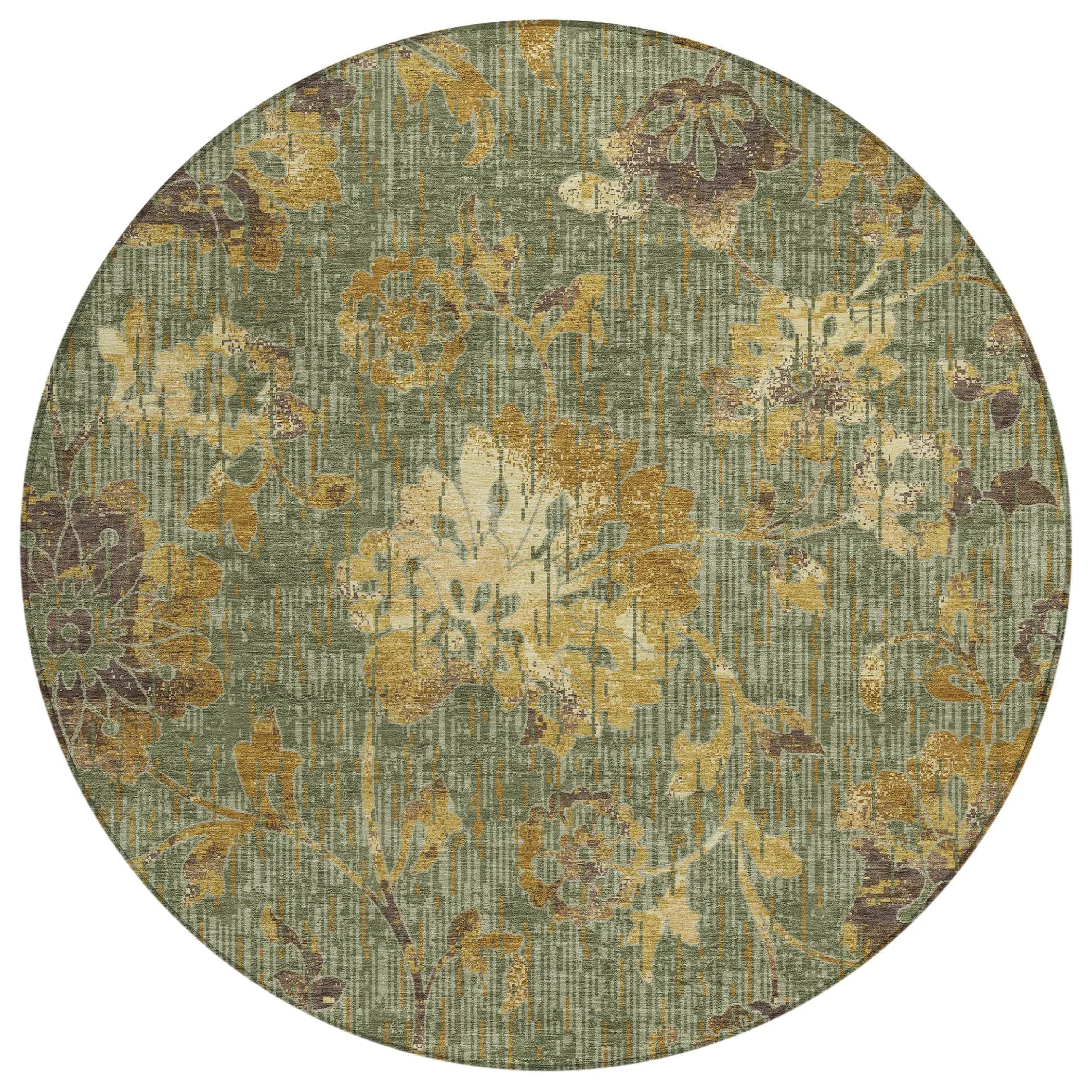 8' Olive Green And Green Round Floral Washable Indoor Outdoor Area Rug Homeroots Outdoor