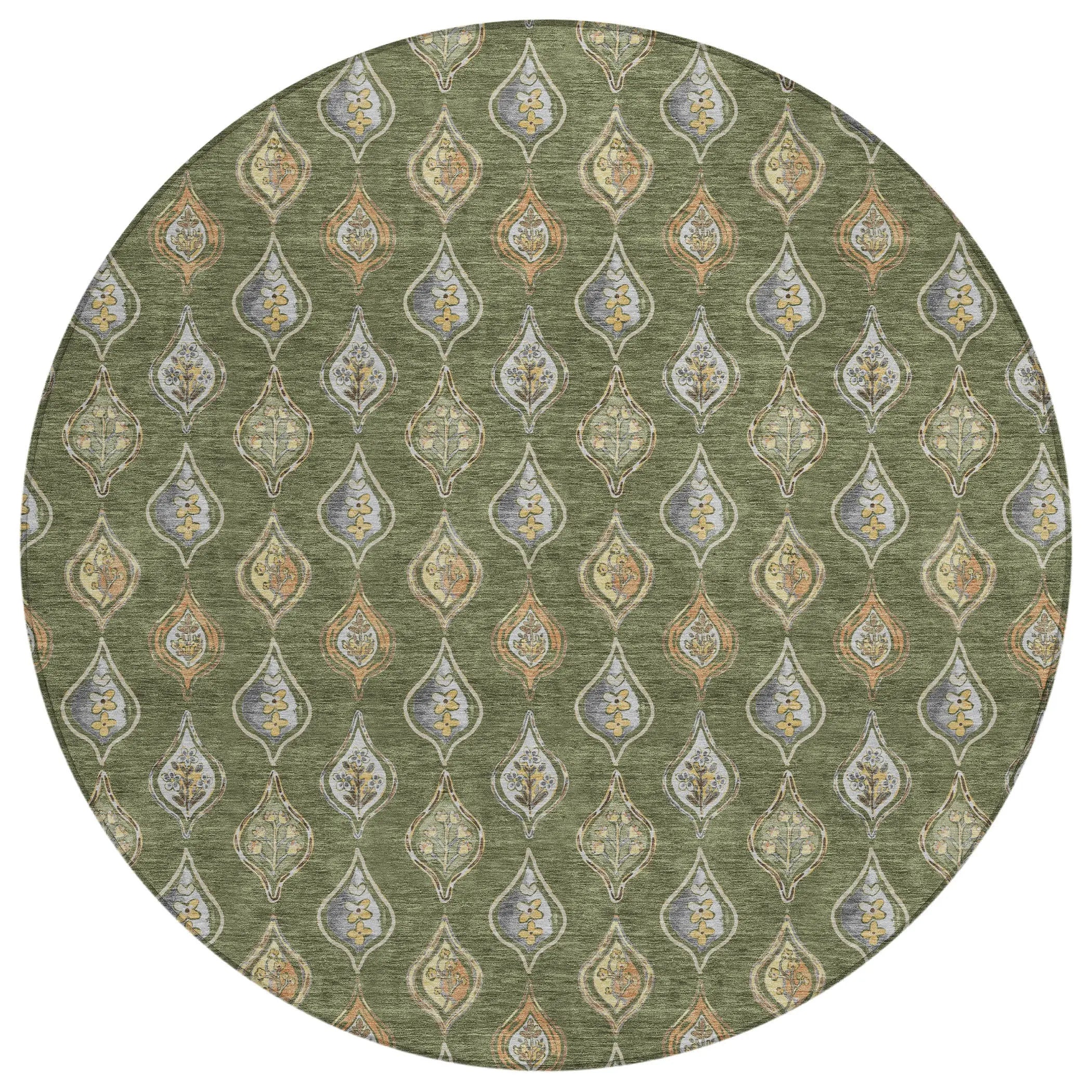 8' Olive Green And Green Round Floral Washable Indoor Outdoor Area Rug Homeroots Outdoor