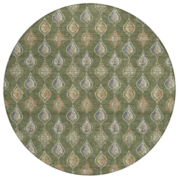 8' Olive Green And Green Round Floral Washable Indoor Outdoor Area Rug Homeroots Outdoor