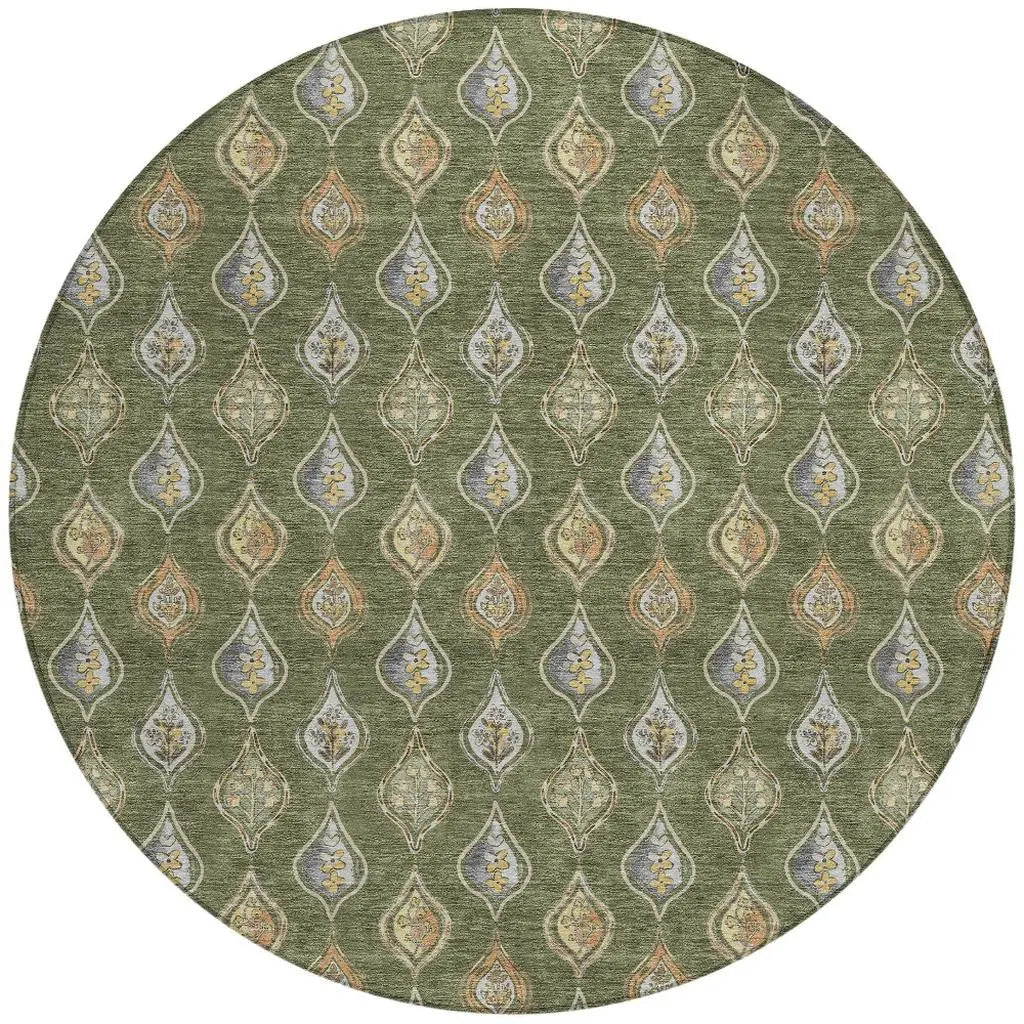 8' Olive Green And Green Round Floral Washable Indoor Outdoor Area Rug Homeroots Outdoor
