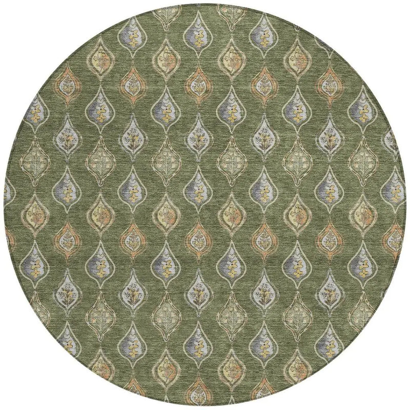 8' Olive Green And Green Round Floral Washable Indoor Outdoor Area Rug Homeroots Outdoor