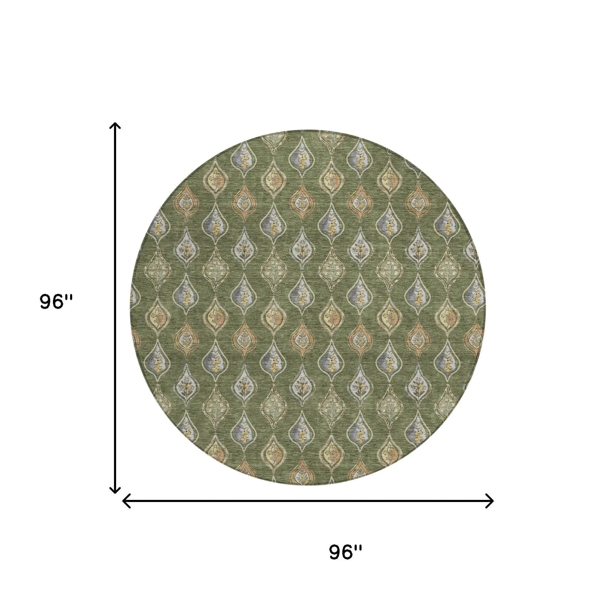 8' Olive Green And Green Round Floral Washable Indoor Outdoor Area Rug Homeroots Outdoor
